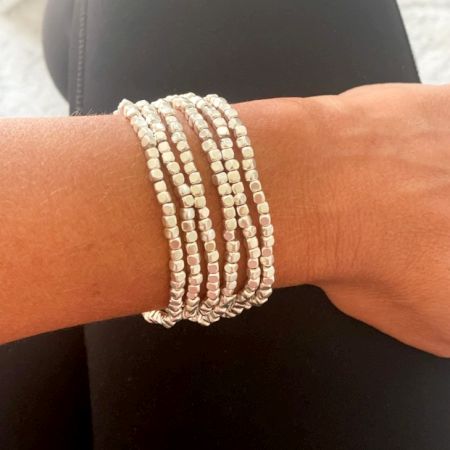 Faceted Beaded Stretchable bracelet For women, Set of 5 Pcs Silver plated